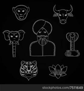 Indian animals of worship and national symbols in chalk style with indian man in turban, holy cow and elephant, cobra, monkey, tiger and lotus on blackboard. Indian animals and national symbols