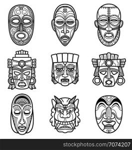 Indian aztec and african historic tribal mask set. Native face masks vector illustration. Indian aztec and african historic tribal mask vector set