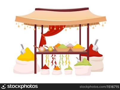 Indian bazaar tent with spices and herbs cartoon vector illustration. Eastern market awning with exotic seasoning, traditional curry and chili flat color object. Eastern canopy isolated on white