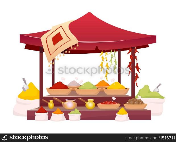 Indian bazaar tent with spices cartoon vector illustration. Thailand market awning with exotic seasoning, traditional herbs flat color object. Oriental canopy isolated on white background