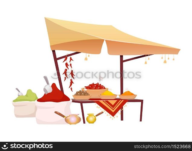 Indian bazaar tent with spices cartoon vector illustration. Eastern market awning with exotic seasoning, traditional herbs flat color object. Oriental canopy isolated on white background