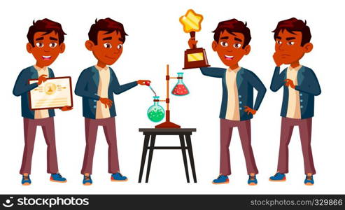 Indian Boy Schoolboy Kid Poses Set Vector. High School Child. Classmate. Teenager, Classroom. Discovery, Experience, Science. For Advertising, Booklet Placard Design Cartoon Illustration. Indian Boy Schoolboy Kid Poses Set Vector. High School Child. Classmate. Teenager, Classroom. Discovery, Experience, Science. For Advertising, Booklet, Placard Design. Isolated Cartoon Illustration
