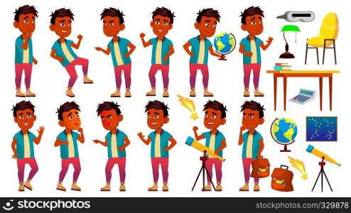 Indian Boy Schoolboy Kid Poses Set Vector. Primary School Child. Young People. Astronomy. Discover Planet. University, Graduate. For Advertising, Placard, Print Design. Cartoon Illustration. Indian Boy Schoolboy Kid Poses Set Vector. Primary School Child. Young People. Astronomy. Discover Planet. University, Graduate. For Advertising, Placard, Print Design. Isolated Cartoon Illustration