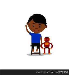 Indian boy with toy robot, isolated on the white background. Vector illustration. Indian boy with toy robot