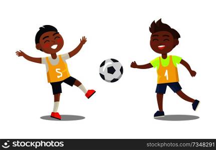 Indian boys playing football in sport uniform isolated on white background. Vector illustration of smiling guys with ball, active way of life. Indian Boys Playing Football in Sport Uniform