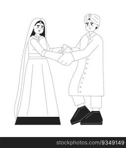 Indian bride and groom reception monochromatic flat vector characters. South asia traditional clothing. Editable line full body people on white. Simple bw cartoon spot image for web graphic design. Indian bride and groom reception monochromatic flat vector characters