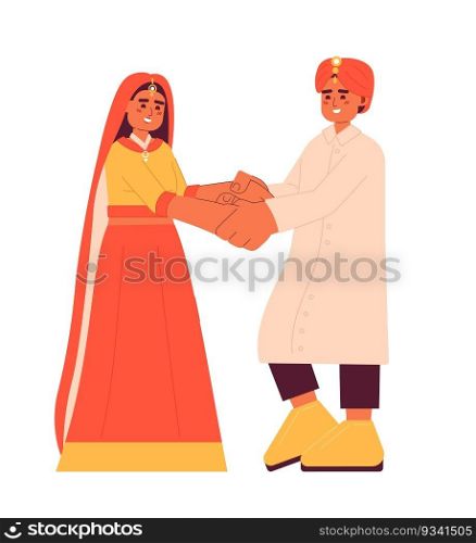 Indian bride and groom reception semi flat colorful vector characters. South asia traditional clothing. Editable full body people on white. Simple cartoon spot illustration for web graphic design. Indian bride and groom reception semi flat colorful vector characters