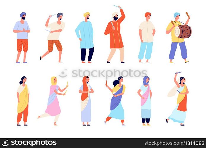 Indian characters. Man dress, isolated people wear traditional clothes. Happy asian dancer street, india persons group vector set. Indian dance festival, young people traditional celebration. Indian characters. Man dress, isolated people wear traditional clothes. Happy asian dancer and street artist, india persons group vector set