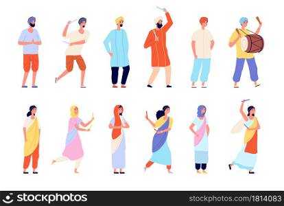 Indian characters. Man dress, isolated people wear traditional clothes. Happy asian dancer street, india persons group vector set. Indian dance festival, young people traditional celebration. Indian characters. Man dress, isolated people wear traditional clothes. Happy asian dancer and street artist, india persons group vector set