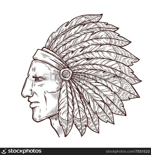 Indian chief head and traditional eagle feathers headdress, sketch engraving icon. Vector Western and native American tribe culture symbol of Indian chief warrior, monochrome icon. Native Indian chief sketch, feathers headdress