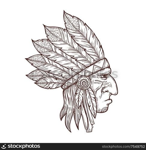Indian chief head in traditional headdress of eagle feathers, sketch tattoo symbol. Vector Western and native American Indigenous tribe culture symbol of Indian chief warrior, monochrome engraving. Native Indian chief head in feather headdress