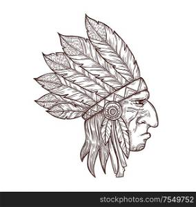 Indian chief head in traditional headdress of eagle feathers, sketch tattoo symbol. Vector Western and native American Indigenous tribe culture symbol of Indian chief warrior, monochrome engraving. Native Indian chief head in feather headdress