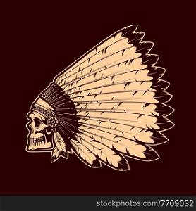 Indian chief skull in war bonnet. Native americans culture and wild west colonization history vector symbol with human skull and feather ritual headdress. Indian warrior or chieftain in warbonnet. American indians skull on war bonnet headdress