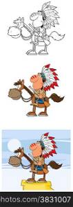 Indian Chief With Gun Cartoon Mascot Characters- Collection