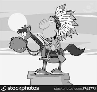 Indian Chief With Gun On Horse Over Rocks In Gray Color