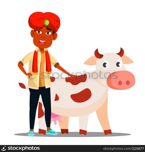 Indian Child Boy In Turban With Cow Vector. Illustration. Indian Child Boy In Turban With Cow Vector. Isolated Illustration