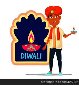 Indian Child Boy In Turban With Diwali Banner Vector. Illustration. Indian Child Boy In Turban With Diwali Banner Vector. Isolated Illustration