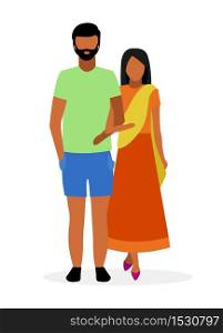 Indian couple flat vector illustration. Woman in sari, dhoti and bearded man in casual style clothes cartoon characters isolated on white background. Traditional hindu wife and husband holding hands