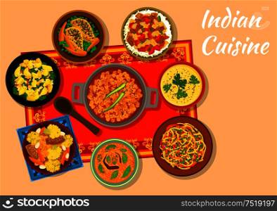 Indian cuisine chickpea curry sign with warm cabbage salad, chicken with vegetables, spinach potato, eggplant stew with rice, corn soup with lentil, snack pie khaman, curry chicken with carrot. Indian cuisine spicy dishes for lunch menu design
