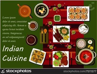 Indian cuisine dishes with festive table, setting with candles, rose petals and curry with rice, kebab and tandoori chicken legs, vegetables and lemons, spinach soup with cheese, dessert and tea. Indian cuisine main dishes and snacks