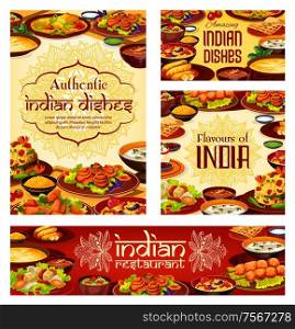 Indian cuisine food menu, authentic taste dishes and desserts. Vector Indian traditional lunch and dinner meals vegetables, meat and curry rice, soups and vegetarian salads in masala spices. Indian cuisine food and desserts, cafe menu