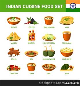 Indian Cuisine Food Set . Indian cuisine food set with different dishes spices and drinks isolated vector illustration