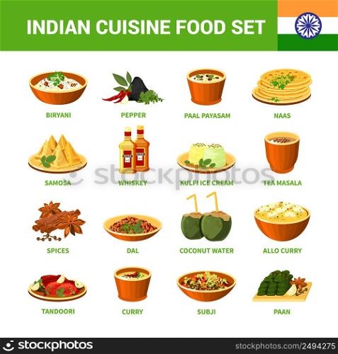Indian cuisine food set with different dishes spices and drinks isolated vector illustration. Indian Cuisine Food Set