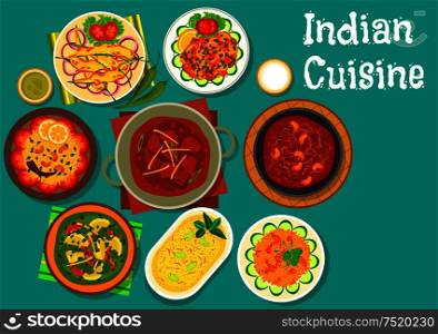 Indian cuisine lamb curry icon served with lemon rice, frying chili pepper, potato spinach stew, lamb meatball, rice with pork, mushroom stew and yogurt dessert. Indian cuisine spicy dinner with dessert icon