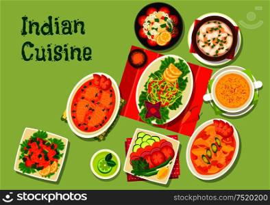 Indian cuisine lunch dishes icon with fish salad, spicy chicken salad, shrimp soup with saffron, cabbage salad, chicken almond soup, salmon stew, fresh vegetable salad, perch with potato. Indian cuisine lunch dishes icon for menu dessign