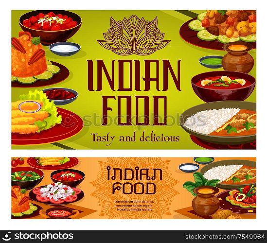 Indian cuisine menu food dishes, traditional authentic India restaurant meals. Vector fish salad, perch in Bengali style and lamb skewers, bughi bahor snack with rice garnish and curry chicken. Indian food, India authentic meals and dishes menu