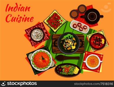 Indian cuisine original dishes flat icon of spinach palak, chicken and tomato curry soup, chicken salad, almond soup, pork pulao, seafood soup chorba, green papaya salad and milk balls in syrup, tea. Indian cuisine menu with dishes and desserts