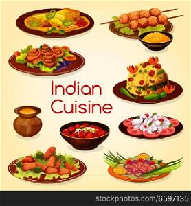 Indian cuisine restaurant dinner with fresh meat and vegetable. Grilled chicken, vegetarian rice pilaf and baked fish, vegetable, chicken and fish salad, sweet carrot dessert, topped with nuts. Indian cuisine with meat and vegetable dishes