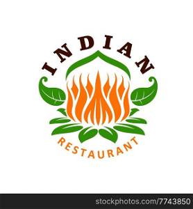 Indian cuisine restaurant icon, India food menu and kitchen vector emblem. Indian guru chef curry bar or cafe sign of spice and flower for menu cover and authentic gourmet restaurant dishes and meals. Indian cuisine restaurant icon, India food menu