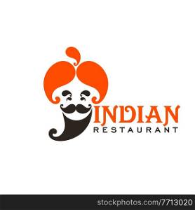 Indian cuisine restaurant icon. Vector chef with orange turban, black mustache and beard. Traditional food of India, Indian cafe or ethnic bar isolated symbol design. Indian cuisine restaurant icon, chef with turban