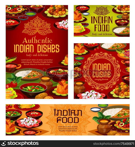 Indian cuisine restaurant menu cover, traditional India food dishes banners and posters. Vector Indian authentic gourmet breakfast and dinner meals of with vegetables and curry rice, meat and fish. Indian restaurant, authentic food dishes menu