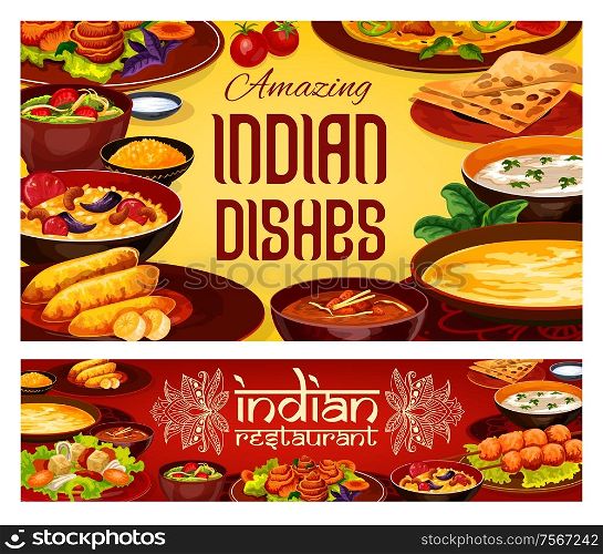 Indian cuisine restaurant menu, traditional India gourmet food dishes. Vector Indian authentic breakfast and dinner meals of with vegetables and curry rice, meat and fish with curry rice. Indian food cuisine, authentic food