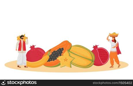 Indian cuisine, served tropical fruits flat concept vector illustration. Indian servants, people carrying bananas 2D cartoon character for web design. Exotic greens serving creative idea