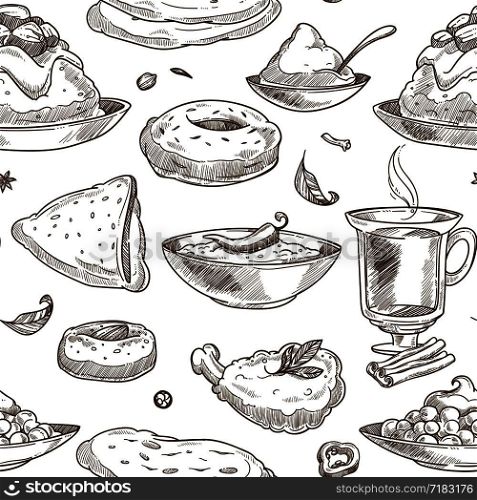 Indian cuisine sketch pattern background. Vector seamless design of traditional India food chicken tandoori grill, curry rice or pilaf vegetables and samosa or masala soup and tea with saffron desserts. Indian cuisine sketch pattern background. Vector seamless design