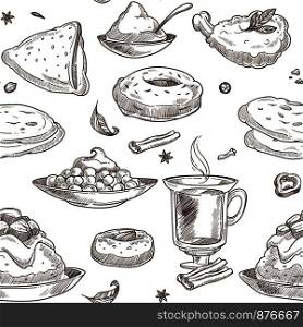 Indian cuisine sketch pattern background. Vector seamless design of traditional India food chicken tandoori grill, curry rice or pilaf vegetables and samosa or masala soup and tea with saffron desserts. Indian cuisine vector sketch seamless pattern