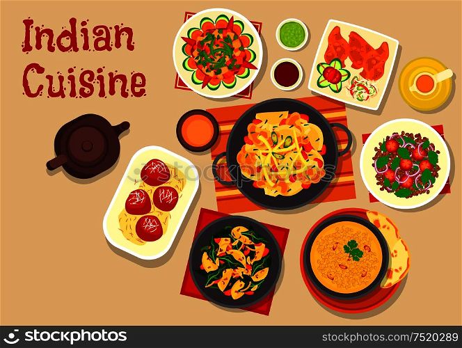 Indian cuisine vegetarian dishes icon with lentil soup, vegetable stew, green chatni, lentil tomato salad, potato spinach stew, cauliflower potato casserole and fried milk balls in sugar syrup. Indian cuisine vegetarian dinner dishes icon