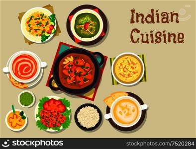 Indian cuisine vegetarian pilau rice icon served with turkey curry, prawn in tomato sauce, chicken spinach stew, tomato soup, pea cream soup, rice dessert with nuts, mango yogurt smoothie. Indian cuisine icon of popular dishes with dessert