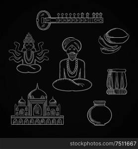 Indian culture and religion icons with Taj Mahal and sitar, fresh chili pepper and chili powder, tabla drum and vase, God Vishnu, bearded man in turban and necklace in lotus pose. Indian culture and religion icons