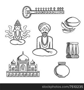 Indian culture and religion sketch icons with sitar, fresh chili pepper and chili powder, tabla drum, vase, ancient temple, God Vishnu, bearded man in turban in lotus pose. Indian culture and religion sketch icons