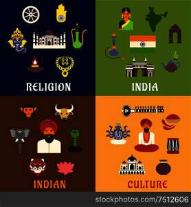 Indian culture, religion, travel and national flat icons with of map flag temples animals of worship musical instruments tea leaves, sculptures of gods traditional clothes. Indian culture, religion and national icons