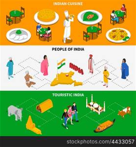 Indian Culture Touristic Isometric 2 Banners . India for tourists 3 isometric tricolor banners with national cuisine dishes and attractions abstract isolated vector illustration