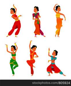 Indian dancers isolate on white background. Characters set indian dance, india dress traditional costume. Vector illustration. Indian dancers isolate on white background. Characters set