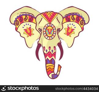 Indian Elephant Head with Bright Ethnic Ornaments. Indian elephant head with bright ethnic ornaments with floral motifs and sharp tusks isolated vector illustration on white background.