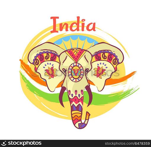 Indian Elephant Head with Bright Ethnic Ornaments. Indian elephant head with bright ethnic ornaments with floral motifs and sharp tusks isolated vector illustration on background of national flag abstract circle
