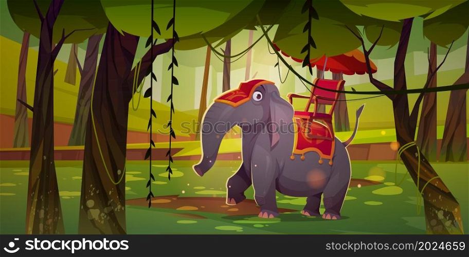 Indian elephant with howdah and umbrella in jungle. Vector cartoon illustration of summer forest landscape with trees, lianas, green grass and decorated animal with red chair and parasol on back. Indian elephant with howdah and umbrella in jungle