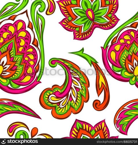 Indian ethnic seamless pattern. Ethnic folk ornament. Hand drawn lotus flower and paisley.. Indian ethnic seamless pattern.
